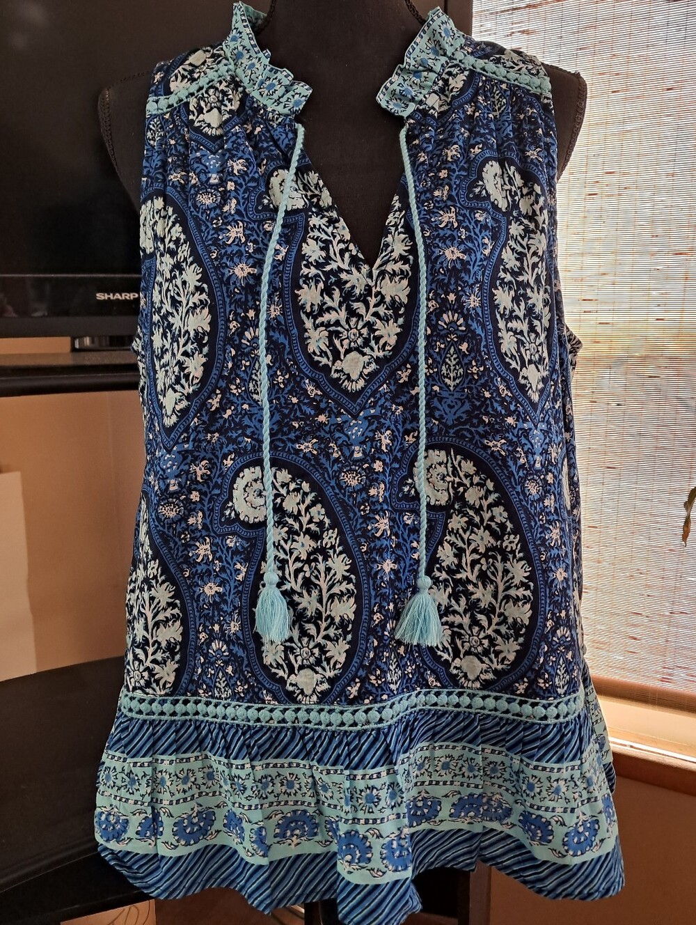 crown & ivy Navy and Aqua Paisley Sleeveless Tie-Front Camisole